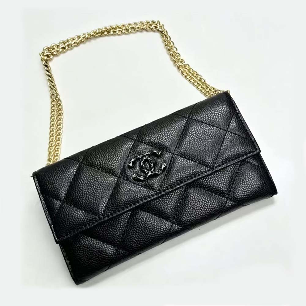 Chanel Women Classic Wallet with Chain Grained Shiny Calfskin Gold Tone Metal-Black Chanel Women Classic Wallet with Chain Grained Shiny Calfskin Gold Tone Metal-Black
