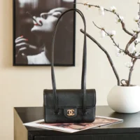 Chanel Women Clutch With Leather Strap Grained Shiny Calfskin & Gold-Tone Metal-Black