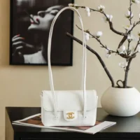 Chanel Women Clutch With Leather Strap Grained Shiny Calfskin & Gold-Tone Metal-White