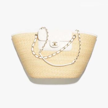 Chanel Women Large Shopping Bag Braided Straw Lambskin Gold Tone Metal