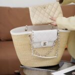 Chanel Women Large Shopping Bag Braided Straw Lambskin Gold Tone Metal