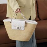 Chanel Women Large Shopping Bag Braided Straw Lambskin Gold Tone Metal