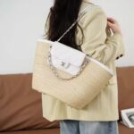 Chanel Women Large Shopping Bag Braided Straw Lambskin Gold Tone Metal