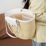 Chanel Women Large Shopping Bag Braided Straw Lambskin Gold Tone Metal