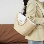 Chanel Women Large Shopping Bag Braided Straw Lambskin Gold Tone Metal