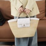 Chanel Women Large Shopping Bag Braided Straw Lambskin Gold Tone Metal