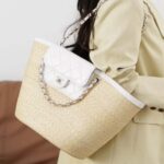 Chanel Women Large Shopping Bag Braided Straw Lambskin Gold Tone Metal