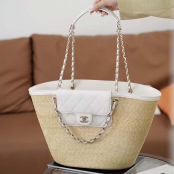 Chanel Women Large Shopping Bag Braided Straw Lambskin Gold Tone Metal