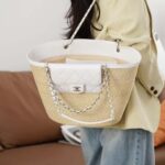 Chanel Women Large Shopping Bag Braided Straw Lambskin Gold Tone Metal