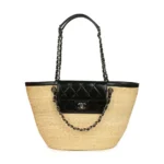 Chanel Women Large Shopping Bag Braided Straw, Lambskin & Gold-Tone Metal-Black