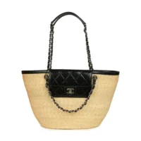 Chanel Women Large Shopping Bag Braided Straw, Lambskin & Gold-Tone Metal-Black