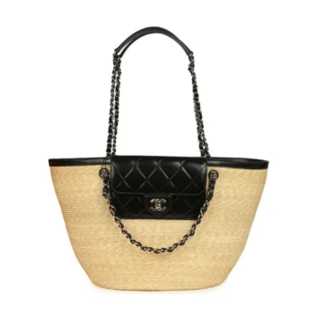 Chanel Women Large Shopping Bag Braided Straw, Lambskin & Gold-Tone Metal-Black