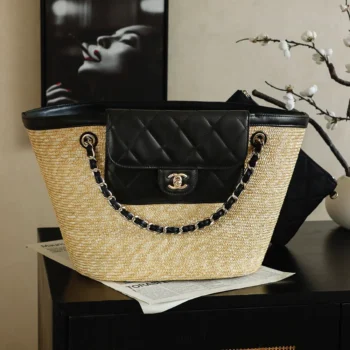 Chanel Women Large Shopping Bag Braided Straw, Lambskin & Gold-Tone Metal-Black