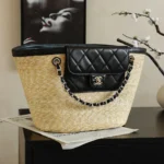 Chanel Women Large Shopping Bag Braided Straw, Lambskin & Gold-Tone Metal-Black