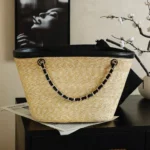 Chanel Women Large Shopping Bag Braided Straw, Lambskin & Gold-Tone Metal-Black