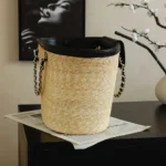 Chanel Women Large Shopping Bag Braided Straw, Lambskin & Gold-Tone Metal-Black