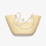 Chanel Women Large Shopping Bag Braided Straw, Lambskin & Gold-Tone Metal-White