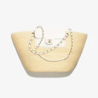 Chanel Women Large Shopping Bag Braided Straw, Lambskin & Gold-Tone Metal-White