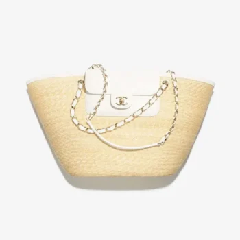 Chanel Women Large Shopping Bag Braided Straw, Lambskin & Gold-Tone Metal-White