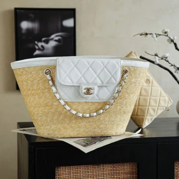 Chanel Women Large Shopping Bag Braided Straw, Lambskin & Gold-Tone Metal-White