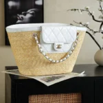 Chanel Women Large Shopping Bag Braided Straw, Lambskin & Gold-Tone Metal-White
