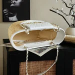 Chanel Women Large Shopping Bag Braided Straw Lambskin & Gold-Tone Metal-White