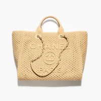 Chanel Women Large Shopping Bag Braided Straw Suede Calfskin & Gold-Tone Metal
