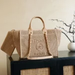 Chanel Women Large Shopping Bag Braided Straw Suede Calfskin & Gold-Tone Metal