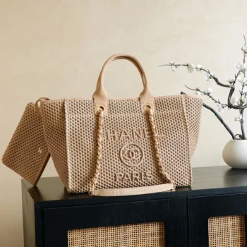 Chanel Women Large Shopping Bag Braided Straw Suede Calfskin & Gold-Tone Metal