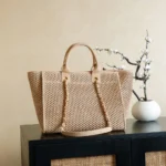 Chanel Women Large Shopping Bag Braided Straw Suede Calfskin & Gold-Tone Metal