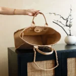 Chanel Women Large Shopping Bag Braided Straw Suede Calfskin & Gold-Tone Metal