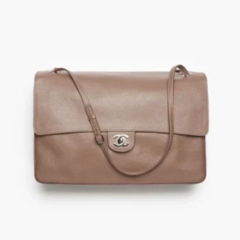 Chanel Women Maxi Flapbag Grained Calfskin Silver Tone Metal-Light Brown