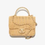 Chanel Women Mini Flap Bag With Top Handle Braided Rattan & Gold-Tone Metal-Beige