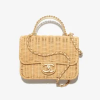 Chanel Women Mini Flap Bag With Top Handle Braided Rattan & Gold-Tone Metal-Beige