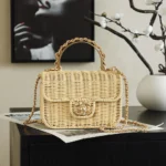 Chanel Women Mini Flap Bag With Top Handle Braided Rattan & Gold-Tone Metal-Beige