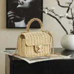 Chanel Women Mini Flap Bag With Top Handle Braided Rattan & Gold-Tone Metal-Beige