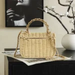 Chanel Women Mini Flap Bag With Top Handle Braided Rattan & Gold-Tone Metal-Beige