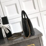 Chanel Women Mini Shopping Bag Braided Raffia & Gold-Tone Metal-Black