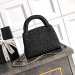 Chanel Women Mini Shopping Bag Braided Raffia & Gold-Tone Metal-Black