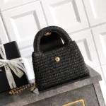 Chanel Women Mini Shopping Bag Braided Raffia & Gold-Tone Metal-Black