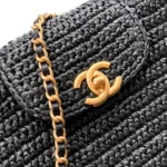 Chanel Women Mini Shopping Bag Braided Raffia & Gold-Tone Metal-Black