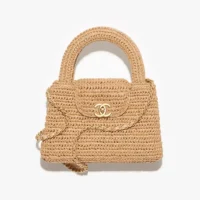 Chanel Women Mini Shopping Bag Braided Raffia & Gold-Tone Metal-Dark Beige