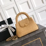 Chanel Women Mini Shopping Bag Braided Raffia & Gold-Tone Metal-Dark Beige