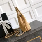 Chanel Women Mini Shopping Bag Braided Raffia & Gold-Tone Metal-Dark Beige