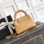 Chanel Women Mini Shopping Bag Braided Raffia & Gold-Tone Metal-Dark Beige