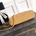 Chanel Women Mini Shopping Bag Braided Raffia & Gold-Tone Metal-Dark Beige