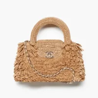 Chanel Women Mini Shopping Bag Raffia-Effect Fabric Wood & Gold-Tone Metal