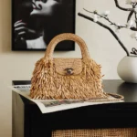 Chanel Women Mini Shopping Bag Raffia-Effect Fabric Wood & Gold-Tone Metal