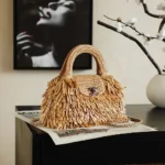 Chanel Women Mini Shopping Bag Raffia-Effect Fabric Wood & Gold-Tone Metal