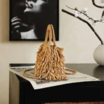 Chanel Women Mini Shopping Bag Raffia-Effect Fabric Wood & Gold-Tone Metal